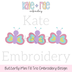 Butterfly Trio Mini Fill Stitch Embroidery Design: Design preview of three mini fill stitch butterflies in purple, pink, aqua, and yellow