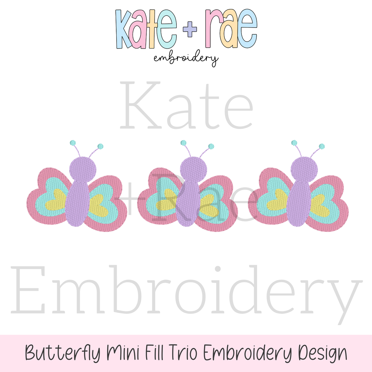 Butterfly Trio Mini Fill Stitch Embroidery Design: Design preview of three mini fill stitch butterflies in purple, pink, aqua, and yellow