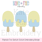 Boy's Summer Popsicle Trio Sketch Stitch Embroidery Design: Design preview of three yellow and blue sketch stitch popsicles