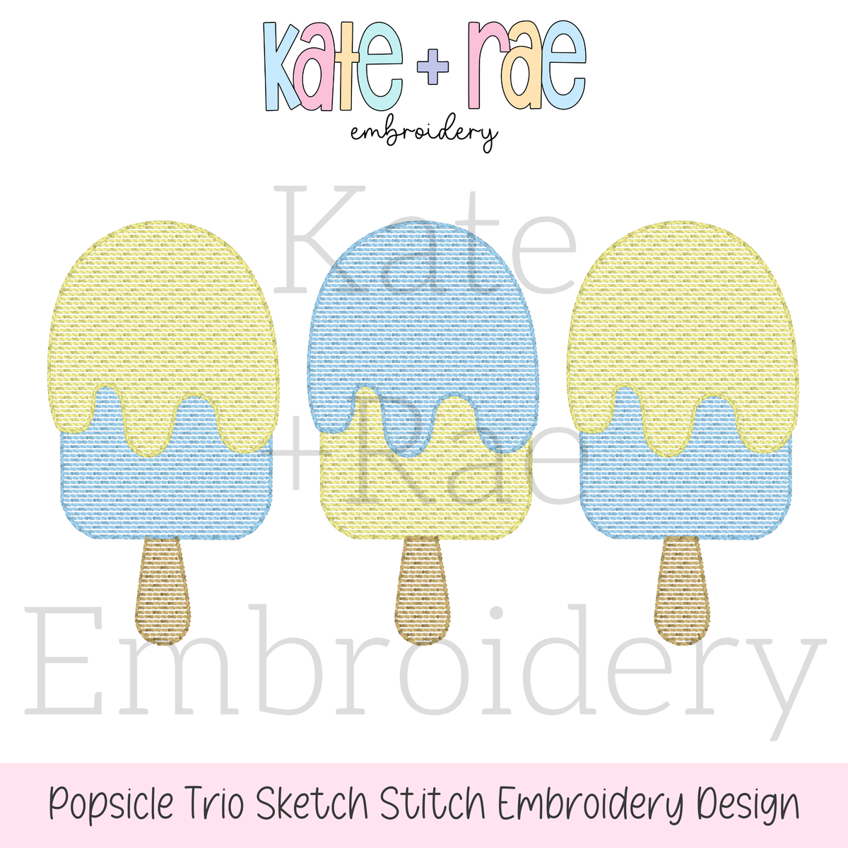 Boy's Summer Popsicle Trio Sketch Stitch Embroidery Design: Design preview of three yellow and blue sketch stitch popsicles