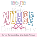 Curved Nurse with Bow Satin Stitch Applique Embroidery Design: Design preview of the word NURSE in curved multicolored collegiate letters with a pink bow underneath