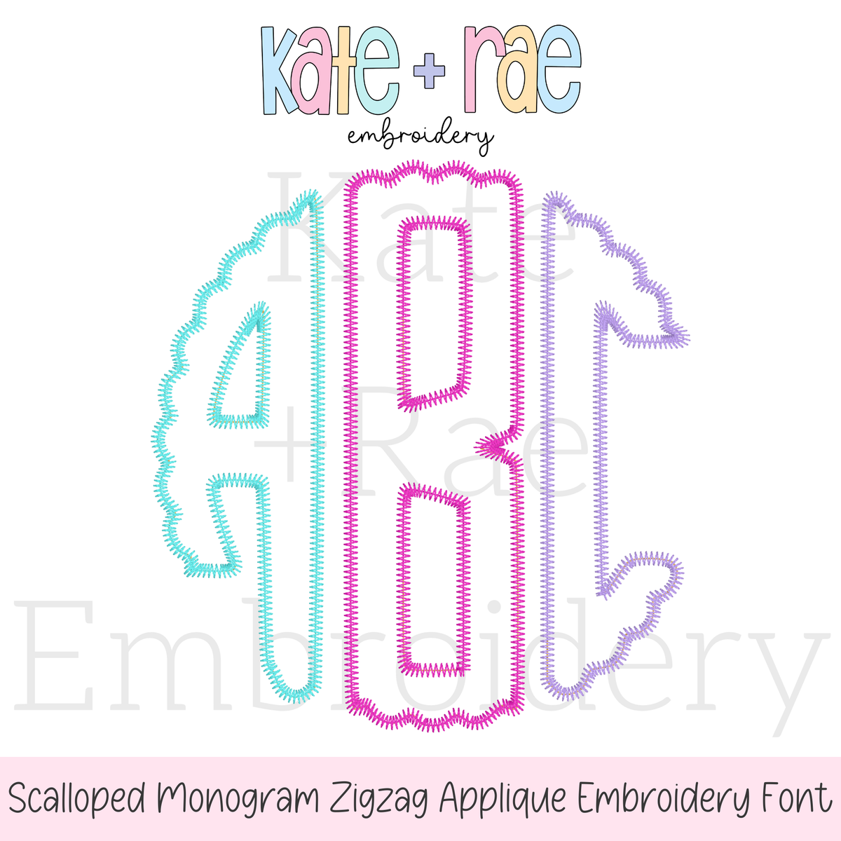 Scalloped Monogram Zigzag Stitch Applique Embroidery Font: Design preview of a scalloped monogram ABC in aqua, pink, and purple zigzag applique outlines