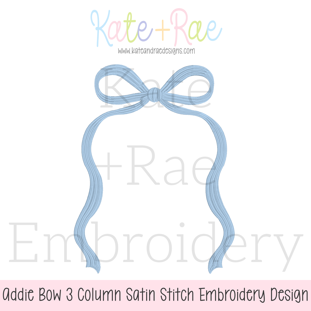 Addie Bow 3 Column Satin Stitch Applique Embroidery Design: Design preview of a light blue Addie bow with long tails framing a 3 column space