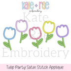 Tulip Party Satin Stitch Applique Embroidery Design: Design preview of five pastel satin outline tulips with green stems