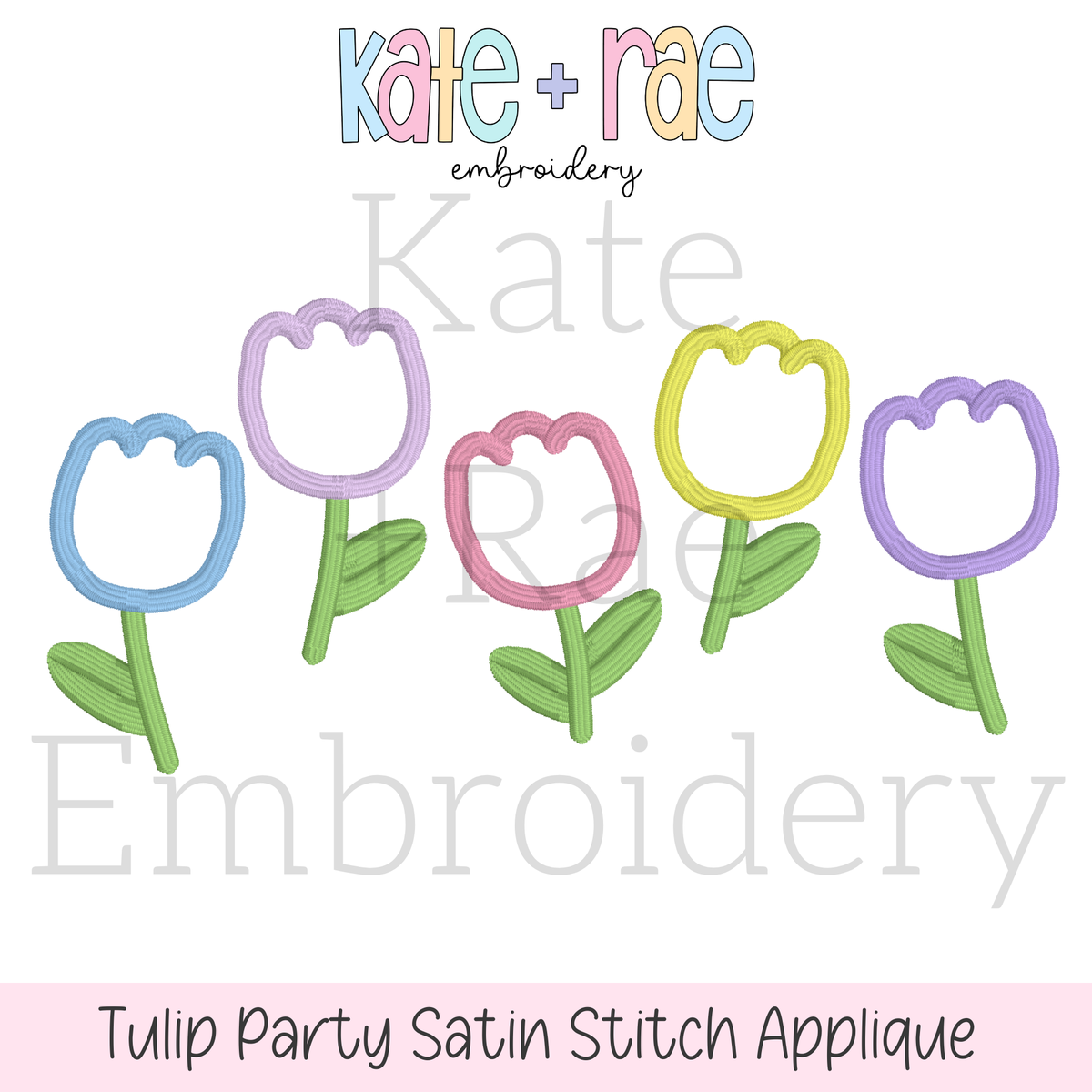 Tulip Party Satin Stitch Applique Embroidery Design: Design preview of five pastel satin outline tulips with green stems