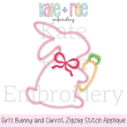 Girl's Easter Bunny with Carrot and Bow Zigzag Stitch Applique Embroidery Design: Design preview of a pink zigzag applique bunny outline with a bow holding a carrot