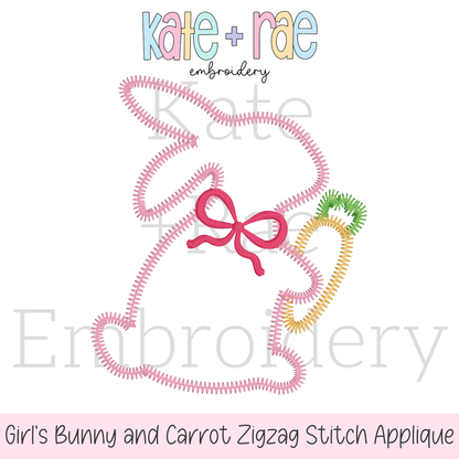 Girl's Easter Bunny with Carrot and Bow Zigzag Stitch Applique Embroidery Design
