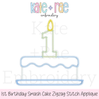 1st Birthday Smash Cake Zigzag Stitch Applique Embroidery Design: Design preview of a zigzag applique smash cake with a number 1 candle