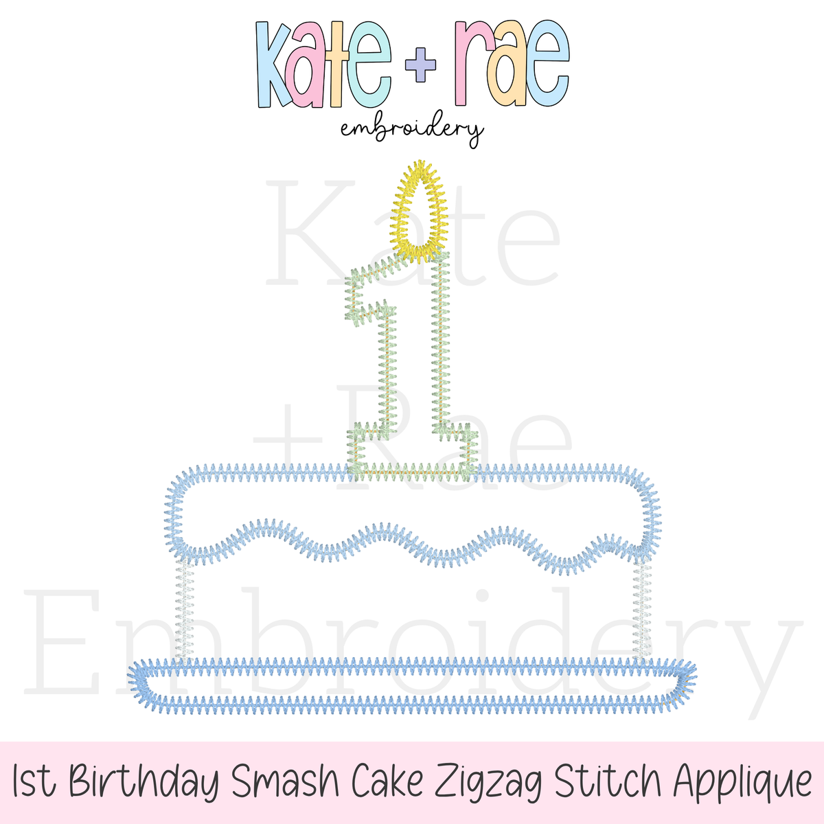 1st Birthday Smash Cake Zigzag Stitch Applique Embroidery Design: Design preview of a zigzag applique smash cake with a number 1 candle