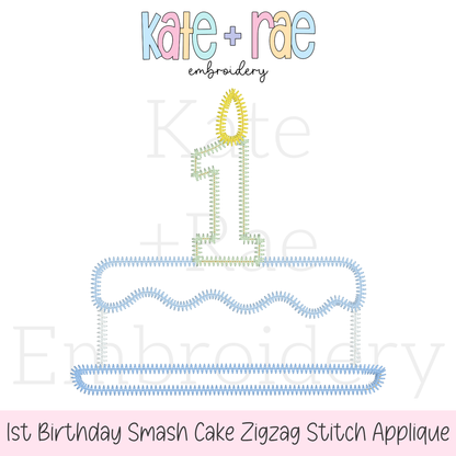 1st Birthday Smash Cake Zigzag Stitch Applique Embroidery Design