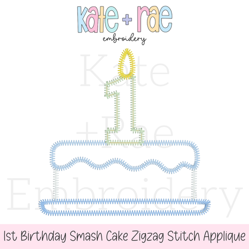 1st Birthday Smash Cake Zigzag Stitch Applique Embroidery Design: Design preview of a zigzag applique smash cake with a number 1 candle