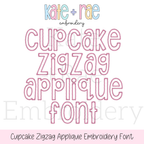 Cupcake Zigzag Stitch Applique Embroidery Font: Font preview reading Cupcake Zigzag Applique Font in pink outlined letters
