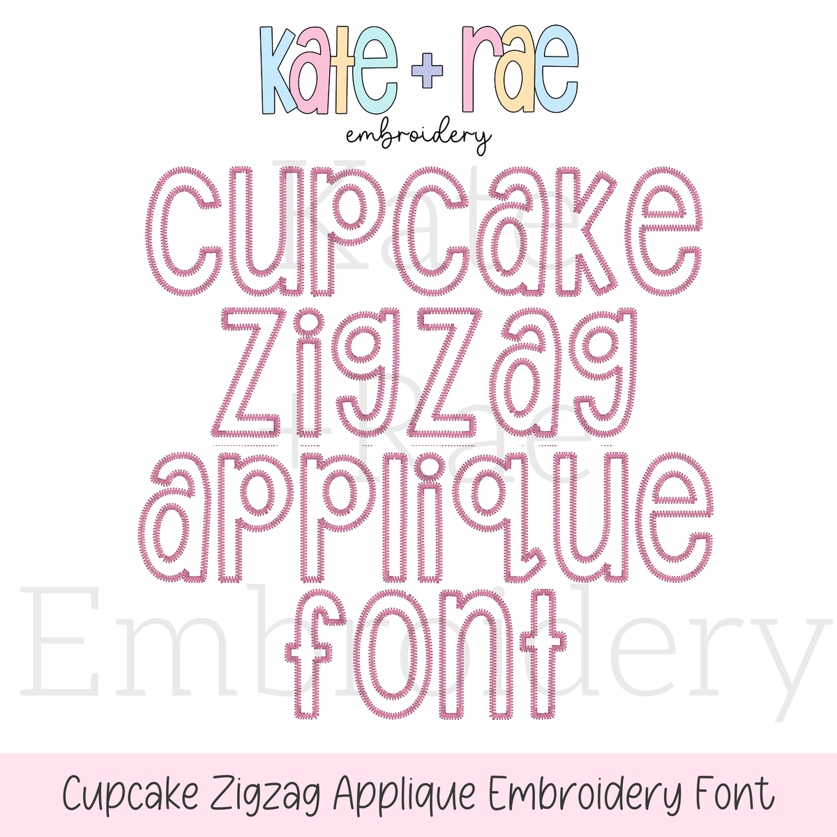 Cupcake Zigzag Stitch Applique Embroidery Font: Font preview reading Cupcake Zigzag Applique Font in pink outlined letters
