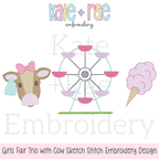 Girl's Fair with Cow Trio Sketch Stitch Embroidery Design: Design preview of a cow with a pink bow, Ferris wheel, and cotton candy in sketch stitch