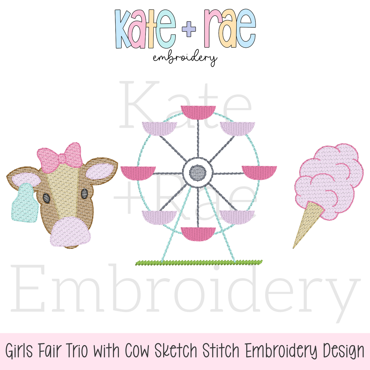 Girl's Fair with Cow Trio Sketch Stitch Embroidery Design: Design preview of a cow with a pink bow, Ferris wheel, and cotton candy in sketch stitch