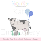 Cow with Birthday Balloons Sketch Stitch Embroidery Design: Design preview of a sketch stitch cow standing in grass with two blue birthday balloons