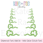 Shamrock Font Add On Embroidery Design: Design preview of green shamrock end add ons in seven sizes