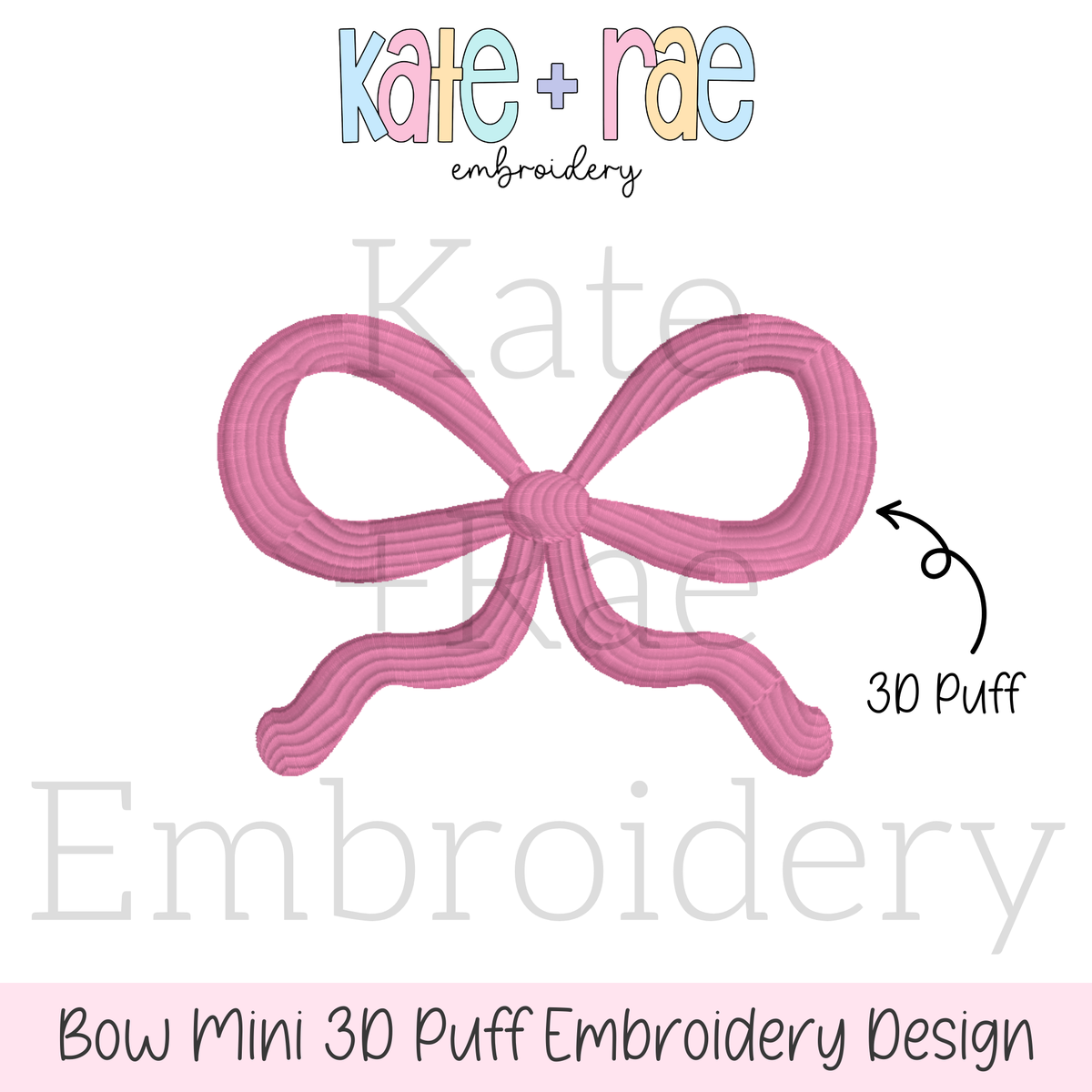 Bow Mini 3D Puff Embroidery Design: Design preview of a pink 3D puff mini bow