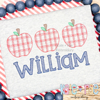 Boy's Plaid Filled Apple Trio Embroidery Design: Three red plaid sketch stitch apples above the name William in navy on a gray shirt