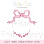 Valentine's Day Heart Frame with Sketch Stitch Bow Embroidery Design: Design preview of a pink bean stitch frame with a sketch bow on top and hearts along the bottom