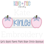 Girl's Apple Name Frame with Bows Zigzag Applique Embroidery Design: Design preview of two pink apples with blue bows framing a name plate reading Kinley