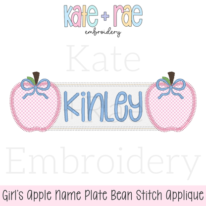 Girl's Apple Name Frame with Bows Zigzag Applique Embroidery Design