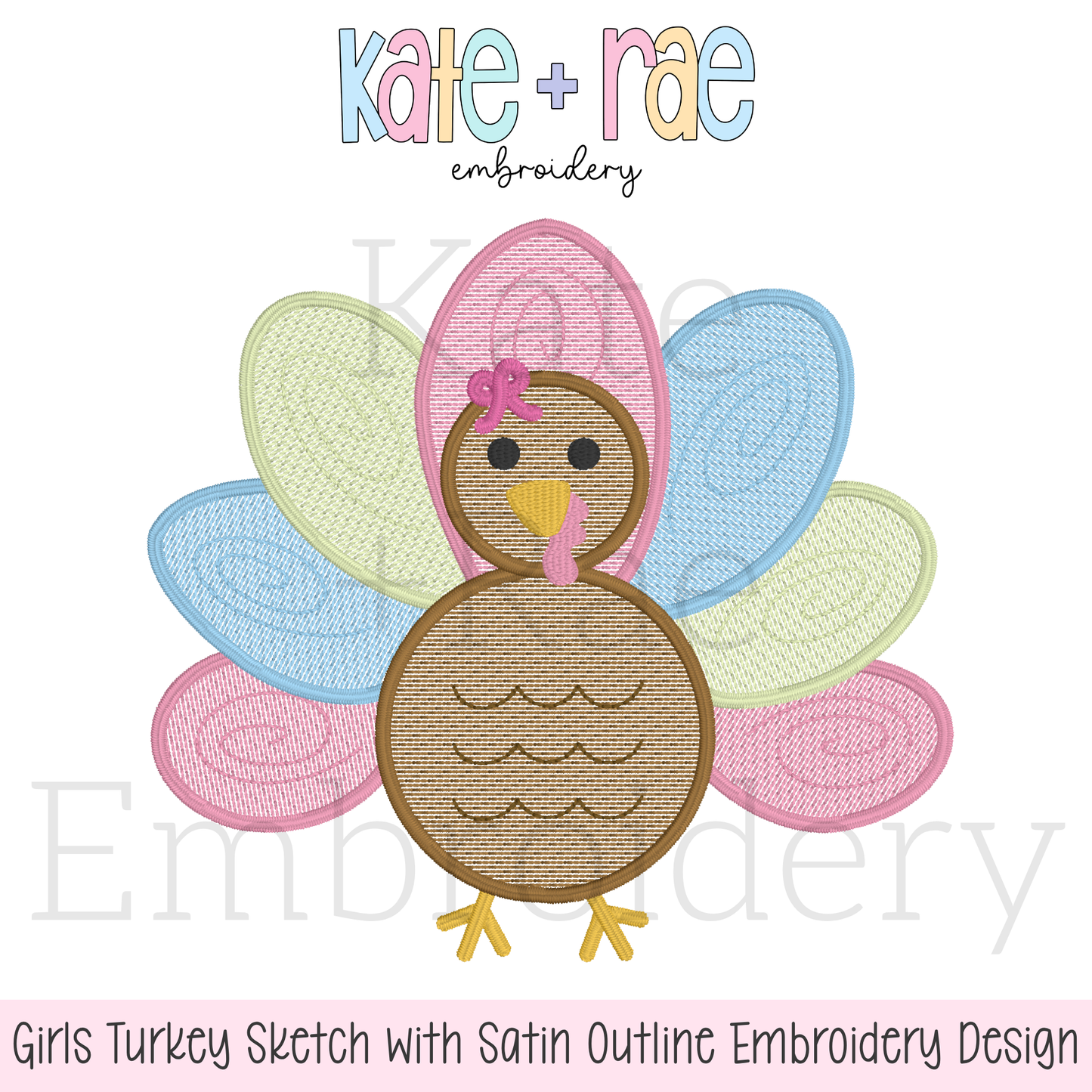 Girl's Thanksgiving Turkey Sketch Stitch with Satin Outline Machine Embroidery Design