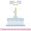 1st Birthday Smash Cake Sketch Stitch Embroidery Design: Design preview of a blue sketch stitch smash cake with a green number 1 candle