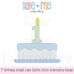 1st Birthday Smash Cake Sketch Stitch Embroidery Design: Design preview of a blue sketch stitch smash cake with a green number 1 candle