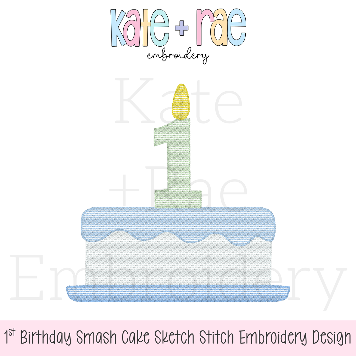 1st Birthday Smash Cake Sketch Stitch Embroidery Design: Design preview of a blue sketch stitch smash cake with a green number 1 candle