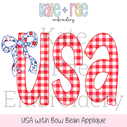 USA with Bow Bean Stitch Applique Embroidery Design