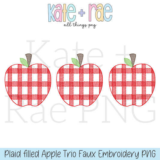 Boy's Plaid Filled Apple Trio Faux Embroidery PNG