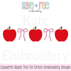 Coquette Apple Fill Stitch Back to School Embroidery Design: Design preview of three red fill stitch apples with pink coquette bows between them