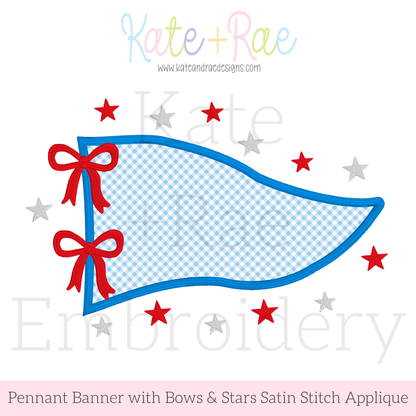 Pennant Flag with Stars and Bows Satin Stitch Applique Embroidery Design&nbsp;