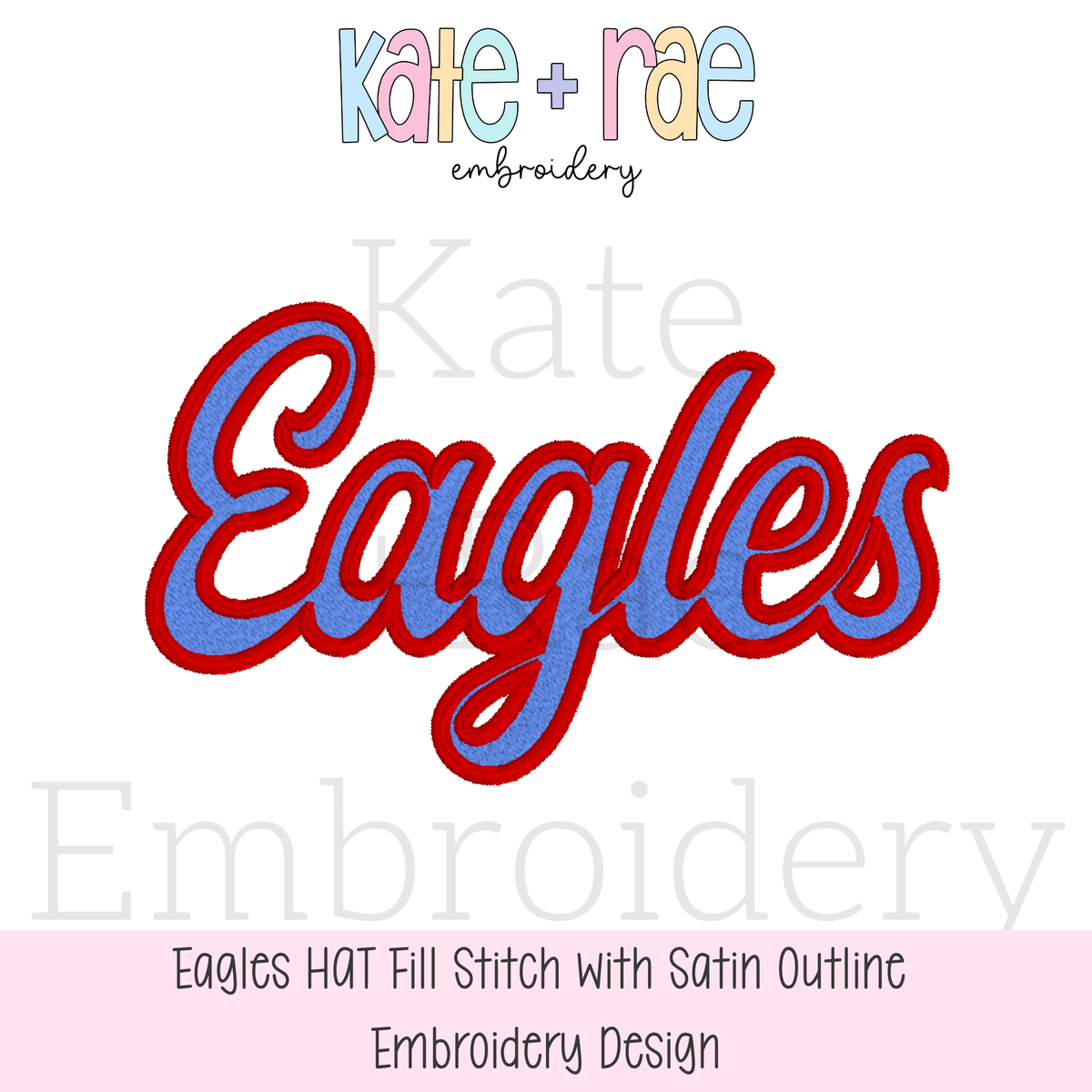 Eagles Hat Embroidery Design: Design preview of Eagles in blue fill stitch script with a red satin outline for hats