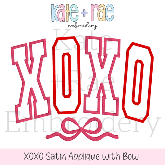 Curved XOXO with Bow Satin Stitch Applique Embroidery Design