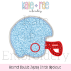 Football Helmet Double Zigzag Applique Embroidery Design: Design preview of a light blue glitter football helmet double zigzag applique with a red face mask