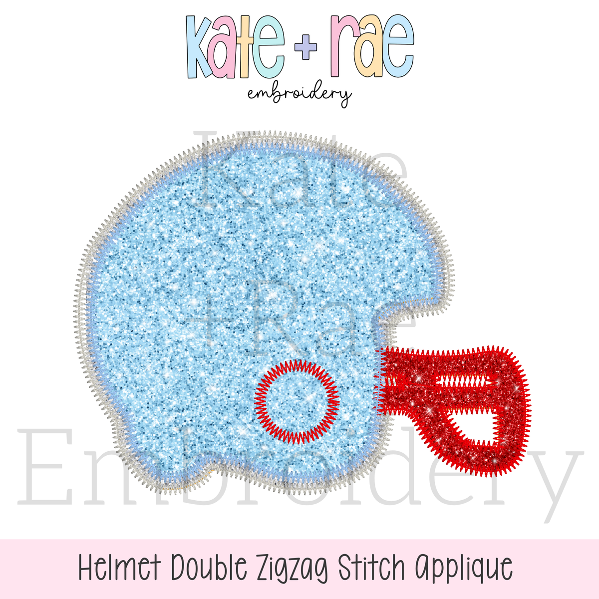 Football Helmet Double Zigzag Applique Embroidery Design: Design preview of a light blue glitter football helmet double zigzag applique with a red face mask