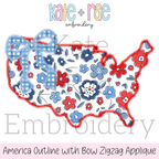 America Outline with Bow Zigzag Stitch Applique Embroidery Design: Design preview of a red, white, and blue floral America outline zigzag applique with a blue gingham bow