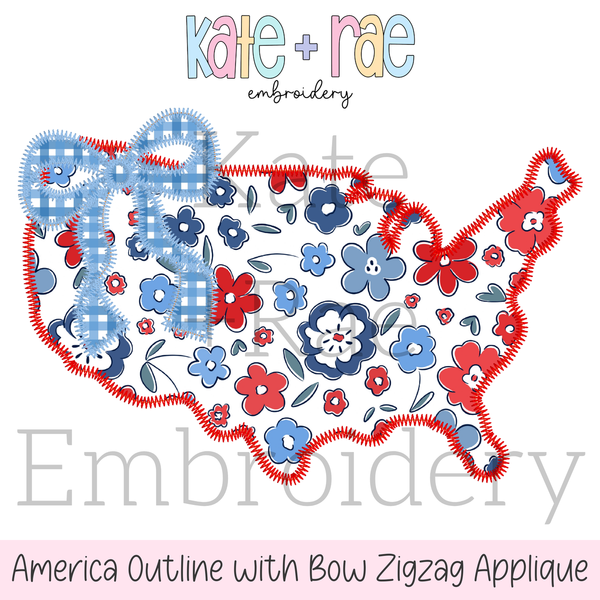 America Outline with Bow Zigzag Stitch Applique Embroidery Design: Design preview of a red, white, and blue floral America outline zigzag applique with a blue gingham bow