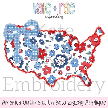 America Outline with Bow Zigzag Stitch Applique Embroidery Design