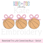 Basketball Trio with Connecting Bows Sketch Stitch Embroidery Design: Design preview of three orange sketch stitch basketballs linked by pink bows