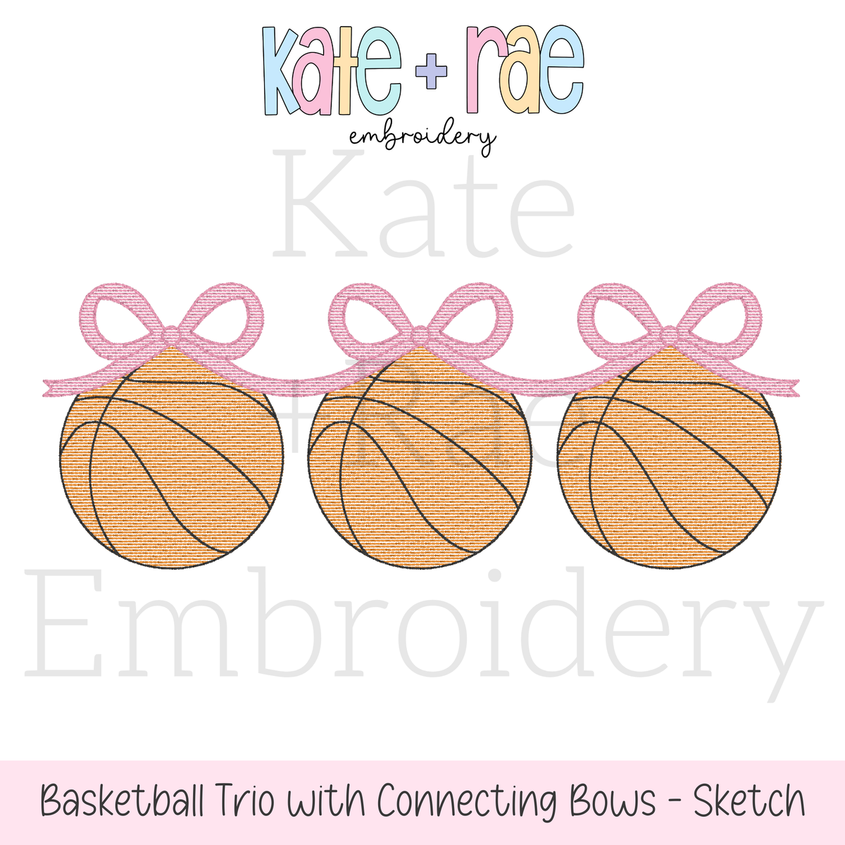 Basketball Trio with Connecting Bows Sketch Stitch Embroidery Design: Design preview of three orange sketch stitch basketballs linked by pink bows
