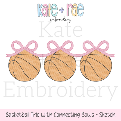 Basketball Trio with Connecting Bows Sketch Stitch Embroidery Design