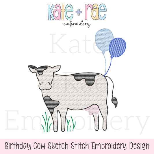 Cow with Birthday Balloons Sketch Stitch Embroidery Design