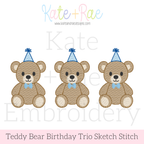 Boy's Teddy Bear Birthday Trio Sketch Stitch Embroidery Design: Design preview of three sketch stitch teddy bears with blue party hats and bow ties