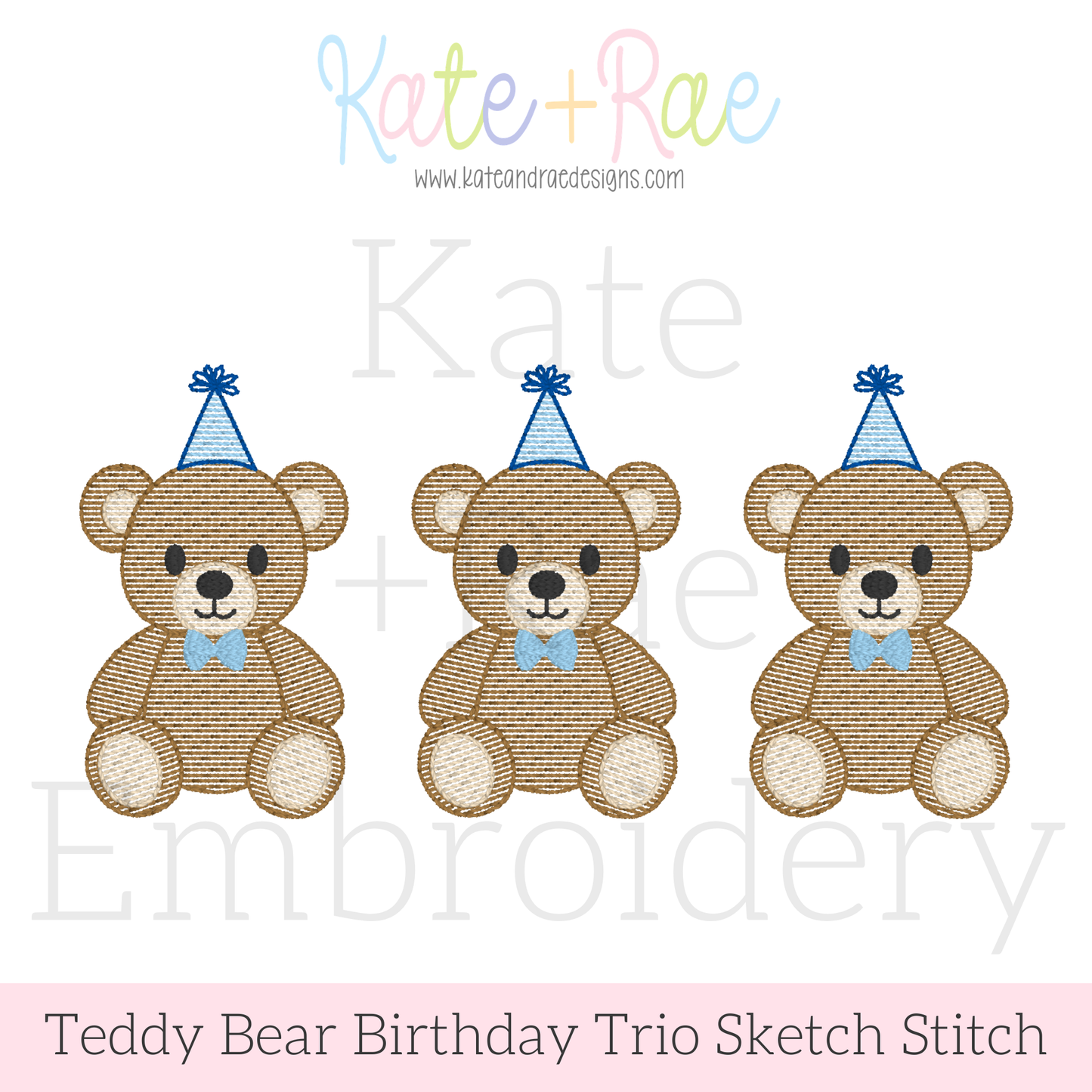 Boy's Teddy Bear Birthday Trio Sketch Stitch Embroidery Design