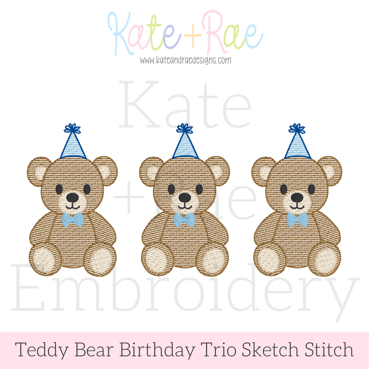 Boy's Teddy Bear Birthday Trio Sketch Stitch Embroidery Design: Design preview of three sketch stitch teddy bears with blue party hats and bow ties