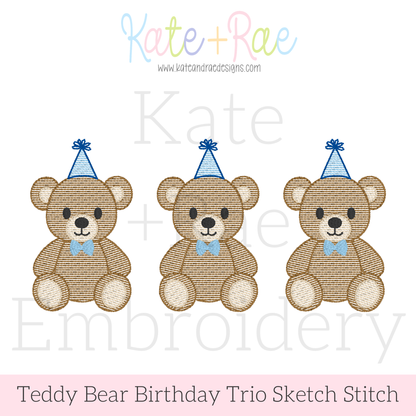 Boy's Teddy Bear Birthday Trio Sketch Stitch Embroidery Design