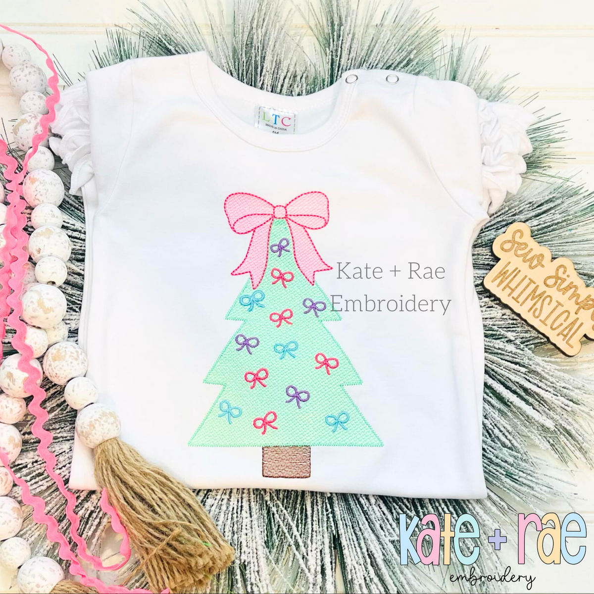 Christmas Tree with Bow Ornaments Sketch Stitch Embroidery Design